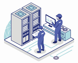 Isometric illustration of a cybersecurity engineer and IT support staff installing an electrical system in a data center, isolated on white background.