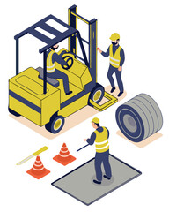 Two warehouse maintenance workers fixing a forklift wheel using tools and safety equipment on an isolated service platform.