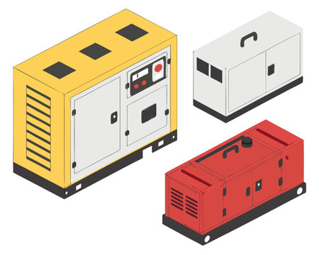 Isometric illustration of gas-powered generators in multiple sizes and configurations for use in industry, construction, and residential settings, isolated on white background.