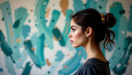 a woman with an introspective expression stands in front of an abstract art backdrop, her head slightly tilted as she gazes off to the side