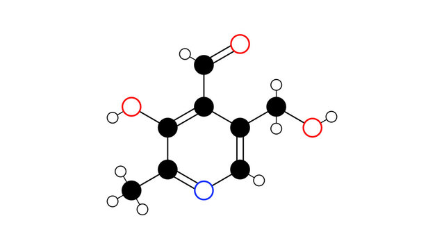 pyridoxal molecule, structural chemical formula, ball-and-stick model, isolated image vitamin b6 active form