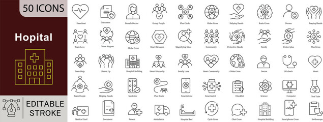 Hospital & Healthcare Line Icons Set: Medical, Doctor, Patient Care & Community Support. Editable Stroke linear icons