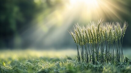 Golden wheat stalks in a dewy field bathed in morning sun
