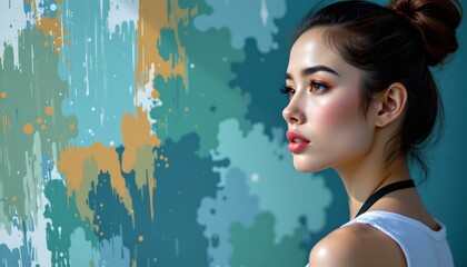 a woman with her hair pulled back into a bun. she has makeup that includes eyeliner, mascara, and lipstick. her expression is neutral to slightly serious