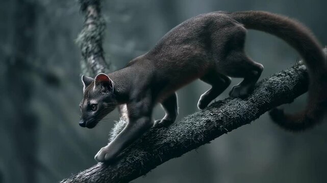 Fossa Prowling on Mossy Branch in Rainforest