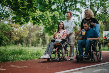 Friends with diverse abilities gather in a park, sharing smiles and beverages, showcasing the joy...