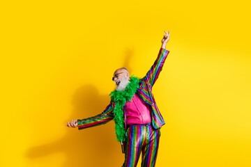 Photo of good mood charismatic man wear stylish bright outfit dance masquerade party isolated on...