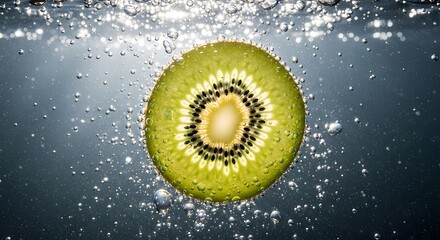 Macro shot of kiwi slice underwater surrounded by fizzy bubbles, fresh tropical fruit with summer hydration and wellness concept