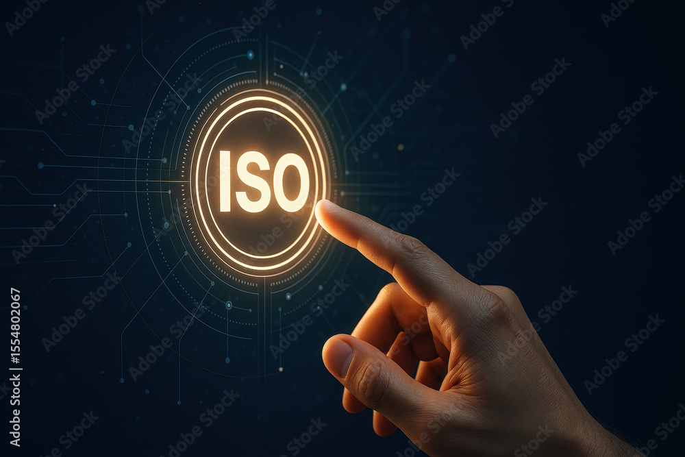 Aufkleber iso certificate concept with hand pointing on digital technology icon background representing intern