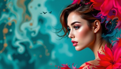 a woman with a striking appearance, standing out against a vibrant, tropical backdrop featuring large flowers. her gaze is directed towards the viewer, creating a sense of connection