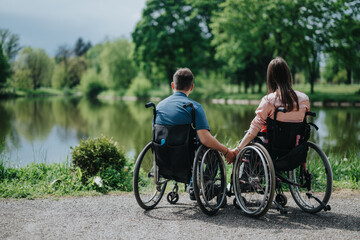 Naklejka premium Two individuals in wheelchairs share a serene moment near a lake, surrounded by greenery, symbolizing friendship, inclusion, and outdoor connection.