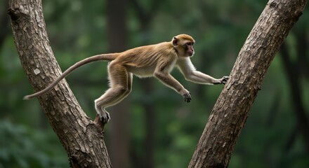 Monkey, Macaque, Primate, Monkey leaping between tree branches
