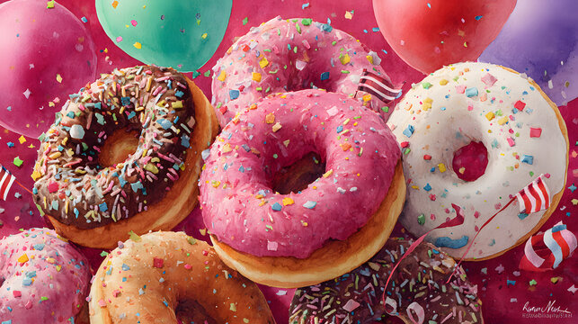 Delicious National Donut Day Watercolor Painting with American Celebration Theme on Ruby Red Background