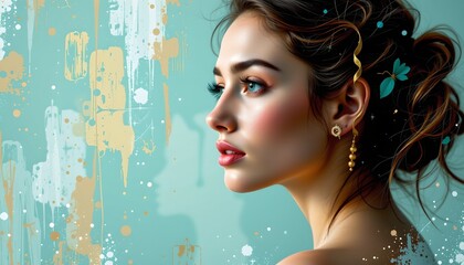 a portrait of a woman against an artistic background. she is depicted with makeup, featuring defined eyeshadow, dark eyeliner, and subtle lipstick