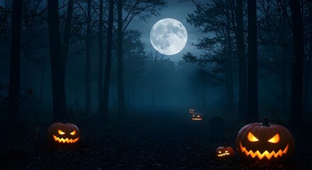 Halloween, Pumpkins, Jack-o-lanterns, Spooky Halloween Night in a Foggy Forest with Jack-o'-lanterns