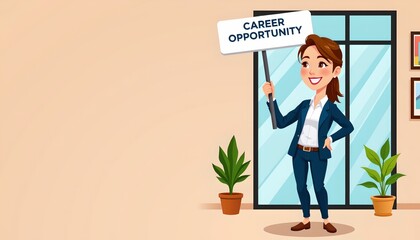 the illustration features an animated character standing in front of a door with a sign that reads "career opportunity