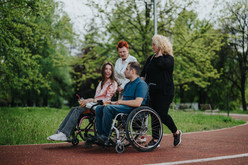 A joyful group of friends, including individuals in wheelchairs, sharing laughter and good times on...