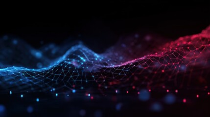 Abstract digital landscape with blue and red glowing particles on a dark background.