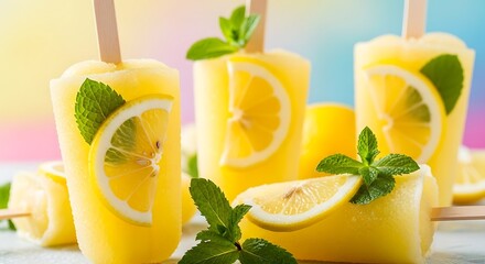Frozen lemonade popsicles with lemon wedges and mint leaves, summer snack with condensation and bright refreshing vibes

