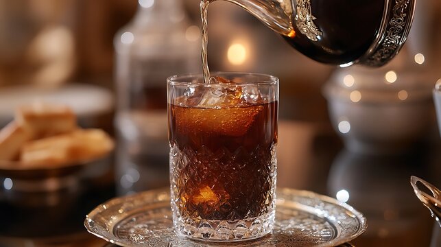 Tea poured in armudu glass in the background