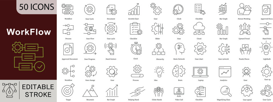 Workflow Process Icon Set - 50 Editable Business Flow Icons for Project Management, Automation and Operational Efficiency Vector Collection. Editable Stroke linear icons