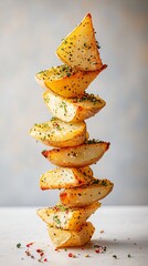 Golden-brown, seasoned potato wedges stacked high