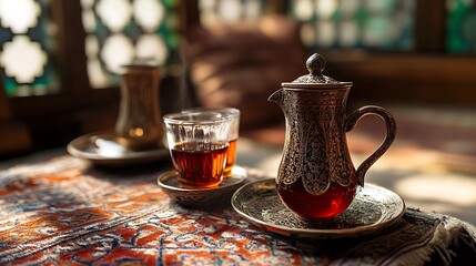 Tea poured in armudu glass in the background