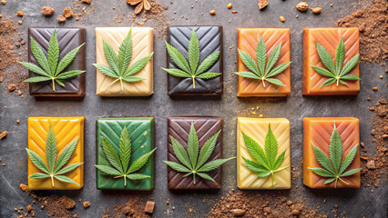 Assortment of colorful cannabis infused chocolates with fresh green marijuana leaves on a dark background
