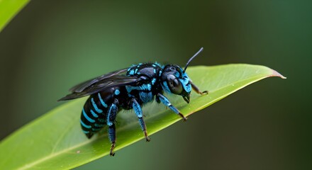 Naklejka premium Blue banded bee, Bee, Insect, Blue Banded Bee on Green Leaf