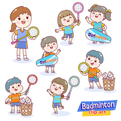 Set cartoon kids playing badminton.