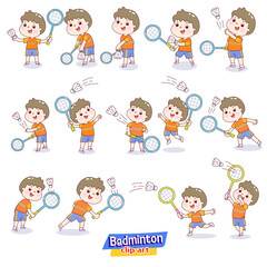 Set cartoon kids playing badminton.