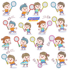 Set cartoon kids playing badminton.