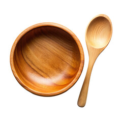 Wood spoon and wood bowl on white background top view for rustic kitchen design and branding
