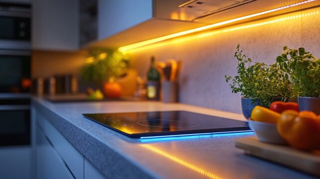 Kitchen Countertop with Induction Cooktop, Plants, and Ambient Lighting
