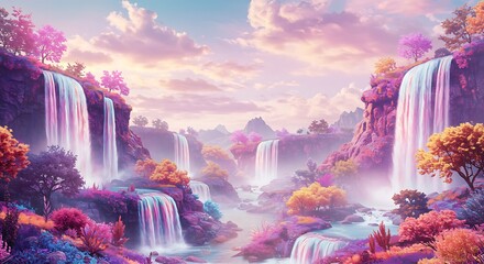 Enchanted Waterfalls in a Dreamlike Landscape