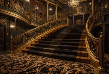 Grand staircase in luxurious vintage palace interior with golden ornate details.