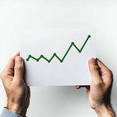 business growth line chart in green color on a wide white card in horizontal format held between to middle aged hands, POV camera perspective, ultra realistic, made with generative AI

