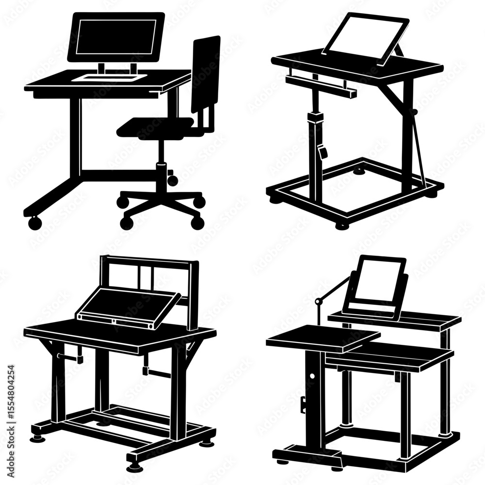 Aufkleber four different styles of office desks and tables with computers and chairs in black and white style