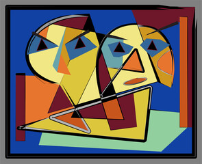 Geometric shapes and bold colors dominate the composition, creating an abstract and modern effect. Two overlapping figures with triangular features are set against a vibrant blue background.