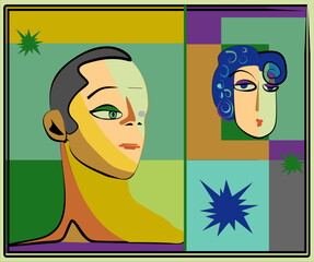 Two stylized faces  in a geometric composition with vibrant colors and sharp angles. The left figure features a prominent profile, while the right face appears smaller with a curly hairstyle.