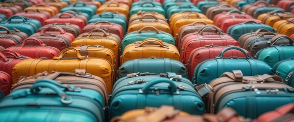 Colorful suitcases arranged in neat rows on flat surface, travel concept background.