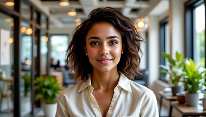 there is a woman with short hair standing in an indoor setting that resembles a modern office space. she is smiling and looking directly at the camera