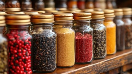 Shelf of Glass Jars Containing Assorted Spices