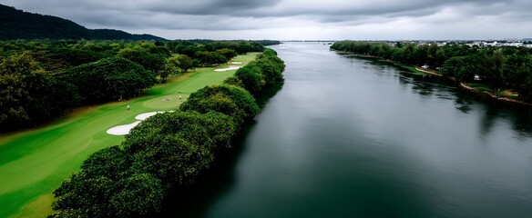 Golf course beside a river under a cloudy sky