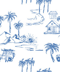 hand drawn palm Leaves background. summer tropical print design. tee shirt summer design.  Botanical palm tree pattern design. line drawing art.