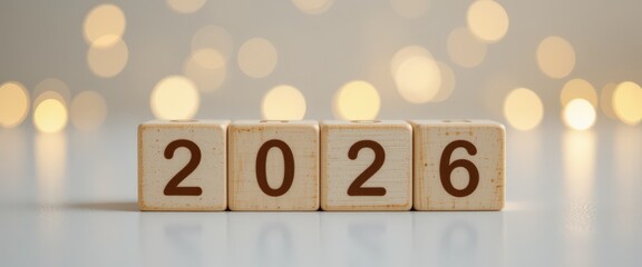Wooden blocks displaying 2026 with festive bokeh lights in background.