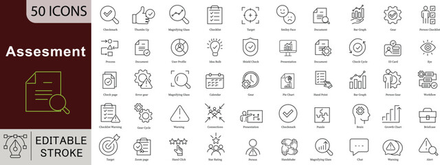 Assessment Icon Set - 50 Editable Testing Analysis Icons for Performance Review, Quality Control and Educational Measurement Vector Collection. Editable Stroke linear icons