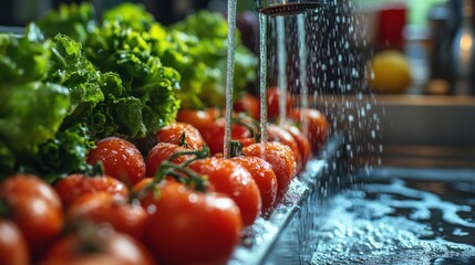 Tomatoes and Lettuce Being Washed Under Faucet in Sink