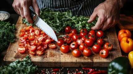 Tomatoes and Herbs Being Cut on Wooden Cutting Board