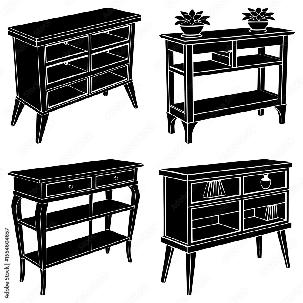 Poster four different styles of console tables with varying designs and storage options in black and white 